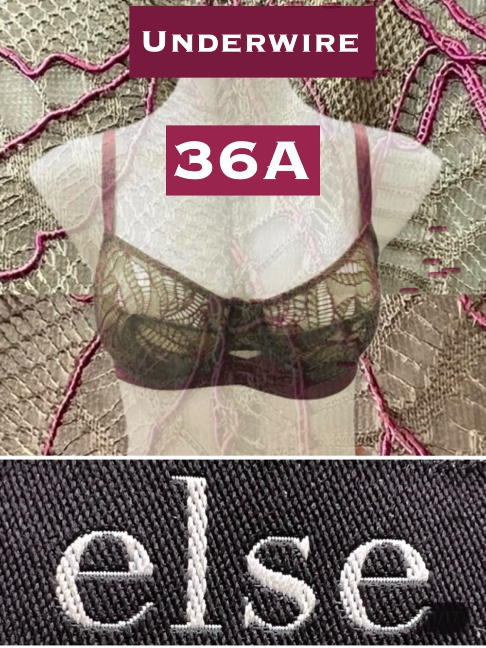 🫒Bohemian Underwire Stetchy Band Bra Olive / Magenta | Else - 36A